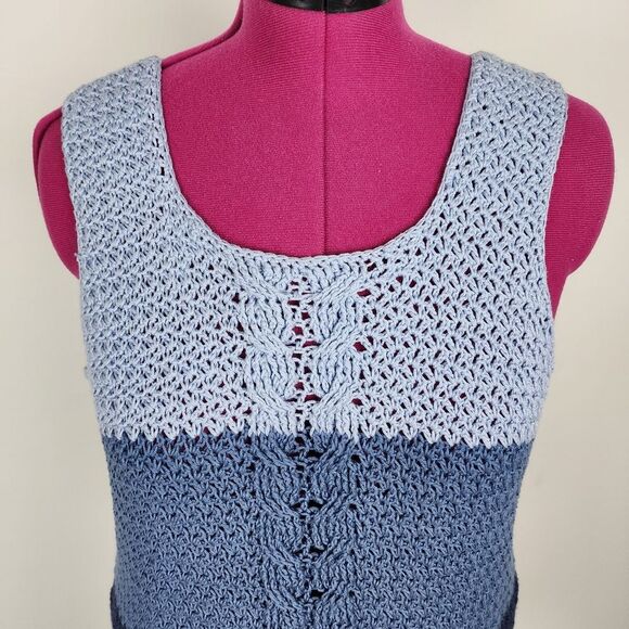 Crochet Tank Top High-low Hem Handmade Handcrafted Blue 3 Tones - Picture 6 of 16